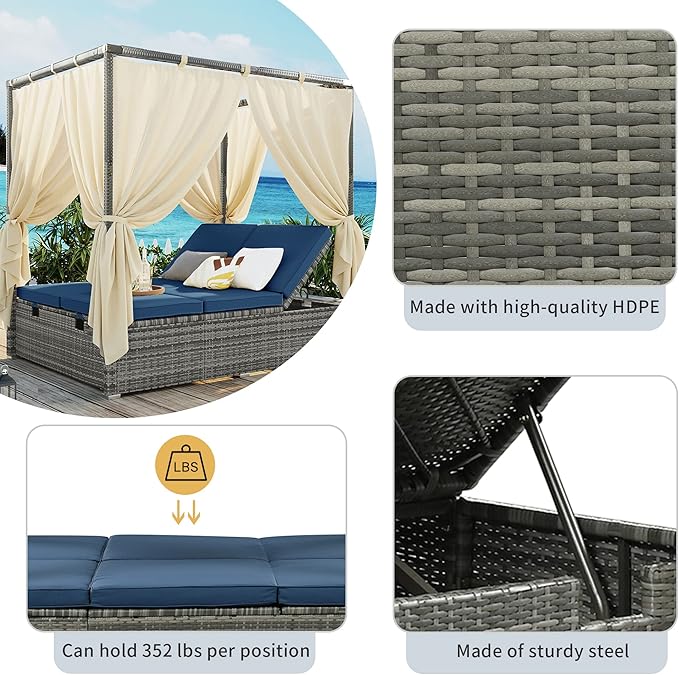 Patio Chaise Lounge, Four-sided Canopy, Overhead Curtain and Blue Cushions - Image 4