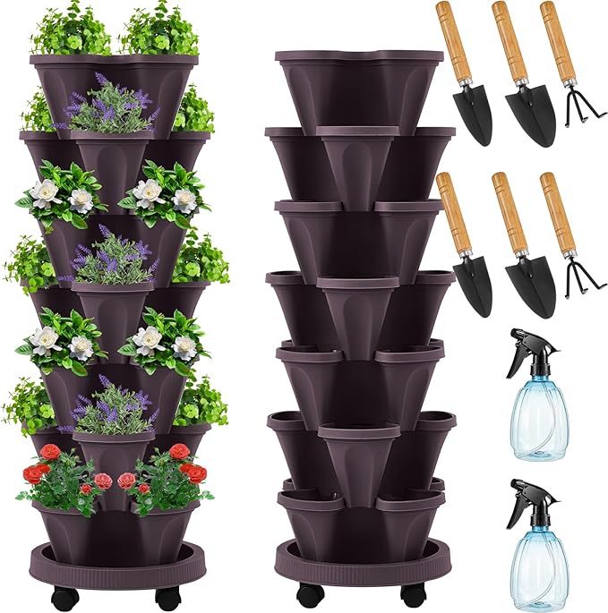 Umigy 2 Set Espresso Brown 7 Tier Vertical Planter Stackable Tower Planters by Umigy