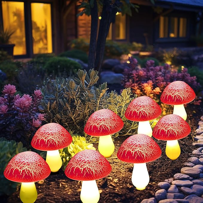 Solar Mushroom Lights Garden Decor 8 Red Crack Mushrooms Outdoor Decor Stake - Image 2