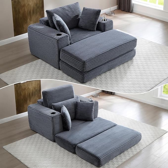 HANXIN 62" Chaise Lounge Chair Indoor, Oversized Corduroy Boneless Convertible by HANXIN