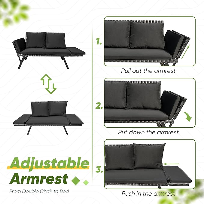 Greesum Outdoor Sofa, Woven Rattan Patio Furniture, Convertible Daybed or - Image 6