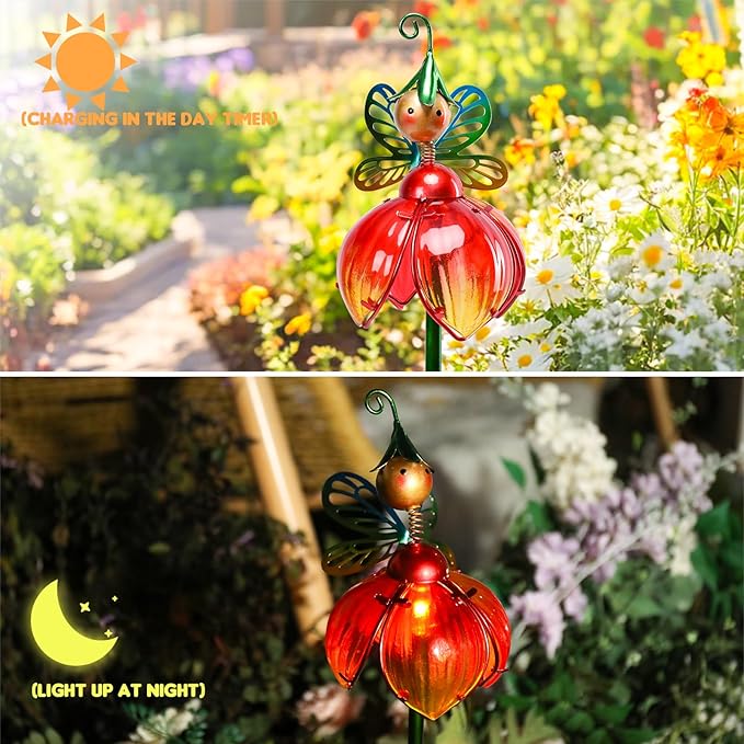 VCUTEKA Solar Garden Lights Metal Flower Decor Colorful Fairy Flowers Solar - Image 9