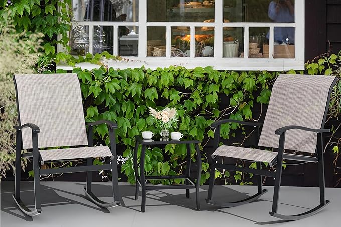 Vongrasig 3 Piece Outdoor Rocking Bistro Set, Textilene Fabric Small Patio - Image 8