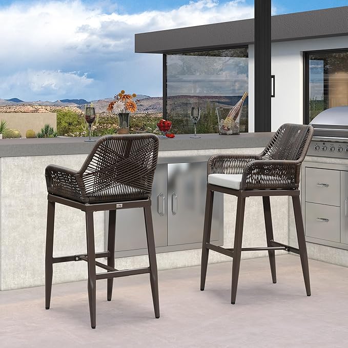 PURPLE LEAF Outdoor Wicker 29" Bar Stools Set of 2, Boho Patio Bar Height Chair - Image 7