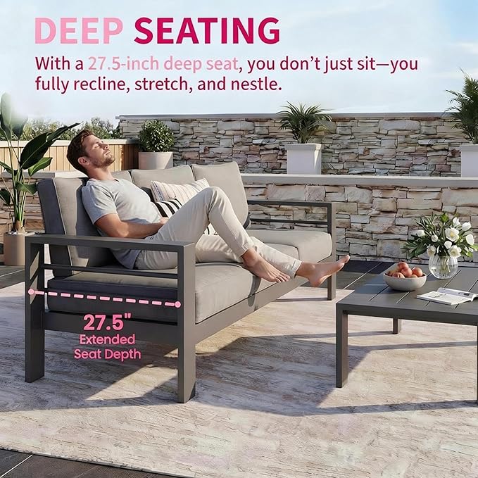 Kiss the Water Outdoor Couch Aluminum Patio Furniture Sofa, 3 Seat All-Weather - Image 5