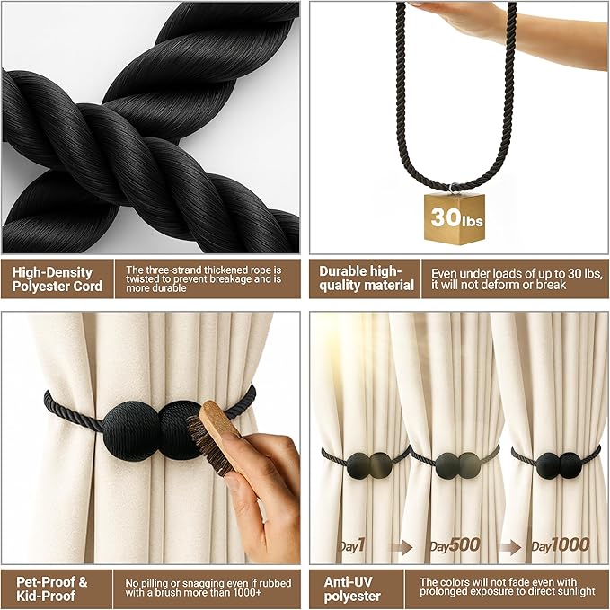 Hion Magnetic Curtain Tiebacks 4 Pack, Nickel-plated Metal and Polyester - Image 4