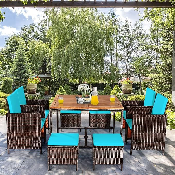 Tangkula 9 Pieces Acacia Wood Patio Dining Set, Space Saving Wicker Chairs and - Image 5