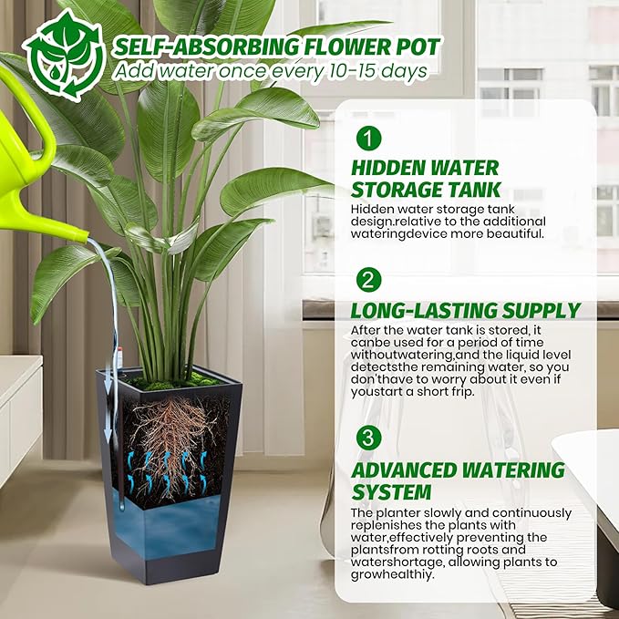 GarveeLife 16 in Tall Planters Set of 2, Outdoor＆Indoor Black Planter Pots - Image 3
