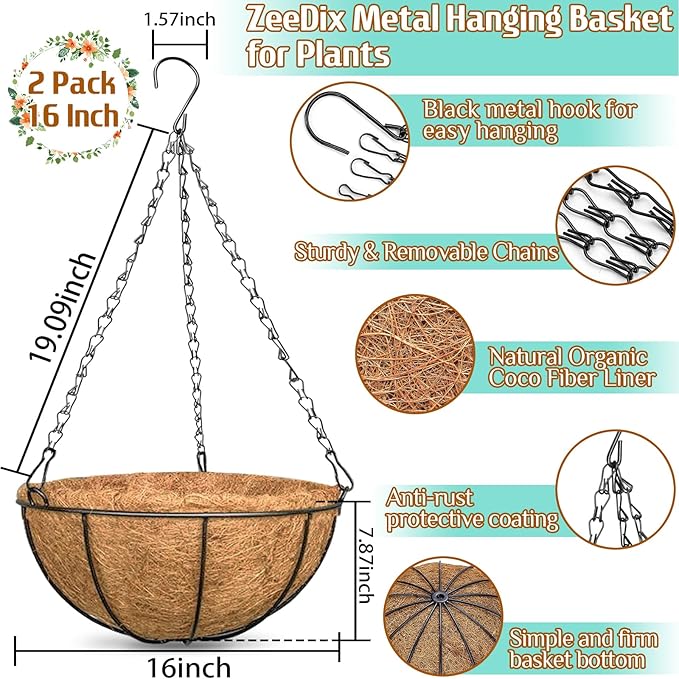 ZeeDix 2 Pack 16 Inch Large Hanging Baskets - Image 2