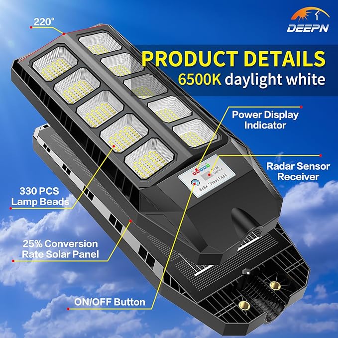 Deepn Solar Lights Outdoor, IP66 Waterproof Street Lights Outdoor, 6500K Dusk - Image 2