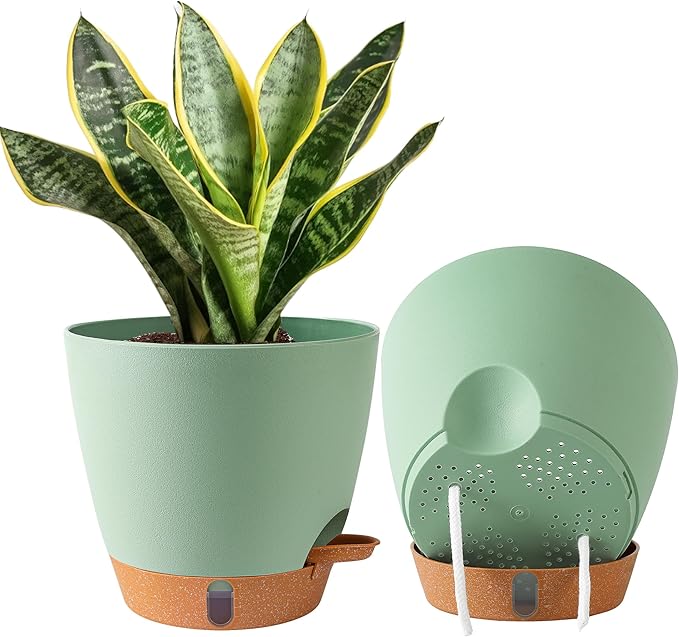 2 Pack 8 Inch Pots for Plants Indoor, Plastic Self Watering Planters by Fielda