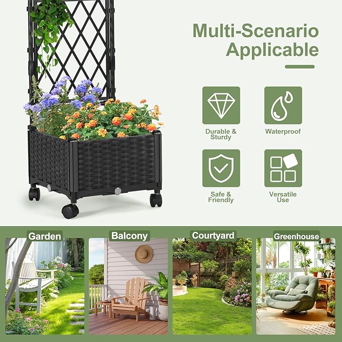 Planter Box with Trellis, 4ft Tall Self-Watering Plastic Raised Garden Beds and - Image 4