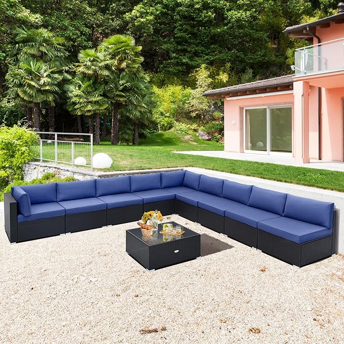 Tangkula 10 Pieces Patio Sofa Set, Outdoor Wicker Conversation Set - Image 4