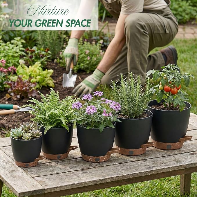 montresor 5-Pack Self-Watering Plastic Plant Pots 5/5.5/6/6.5/7 Inch– Black - Image 6