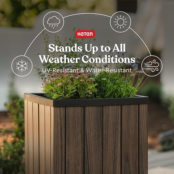 Keter Signature 21.6 Inch Tall Square Large Wood Look Planter - Image 3