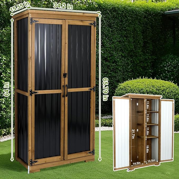 Outdoor Storage Cabinet with Shelf, Wood & Metal Storage Shed with Waterproof - Image 5