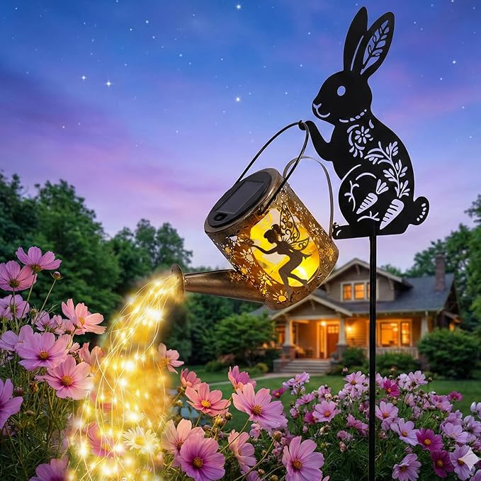 Solar Watering Can Light with Bunny Silhouette Stake & Fairy Design by Tremdwoto