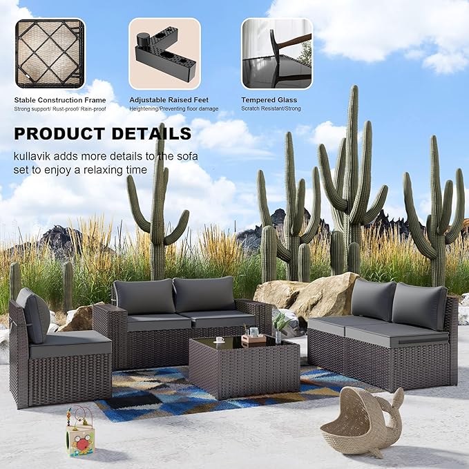 Kullavik 9 Pieces Outdoor Patio Furniture Set, PE Wicker Rattan Sectional Sofa - Image 7