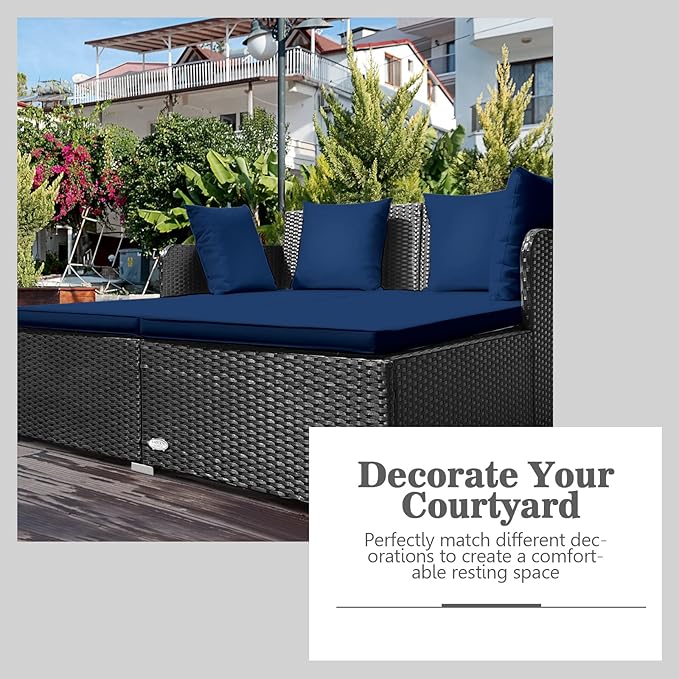 COSTWAY Outdoor Patio Rattan Daybed, Sponge Cushioned Loveseat Sofa - Image 8