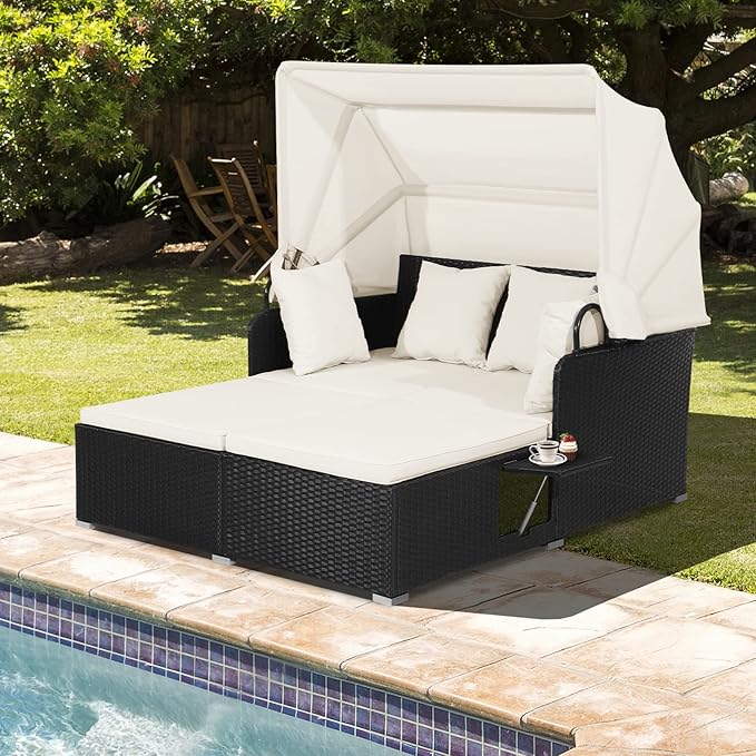 COSTWAY Outdoor Daybed with Retractable Canopy, Wicker Patio Furniture Set with by COSTWAY