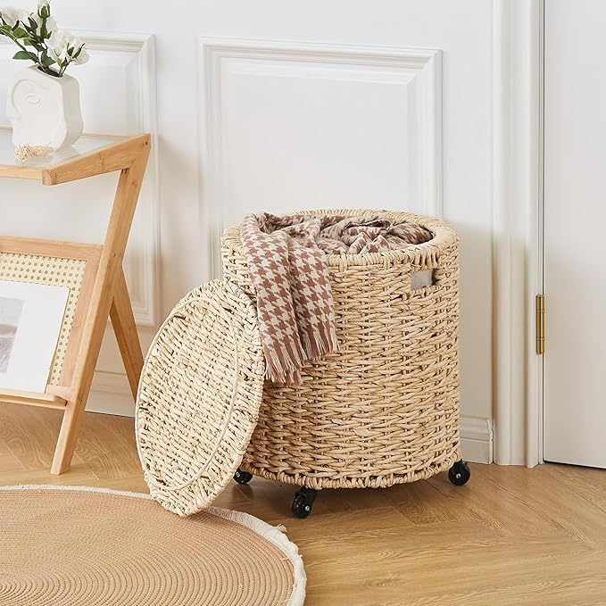 Wimarsbon Round Pouf Ottomans, Handwoven Natural Water Hyacinth Seagrass Pouffe - Image 4