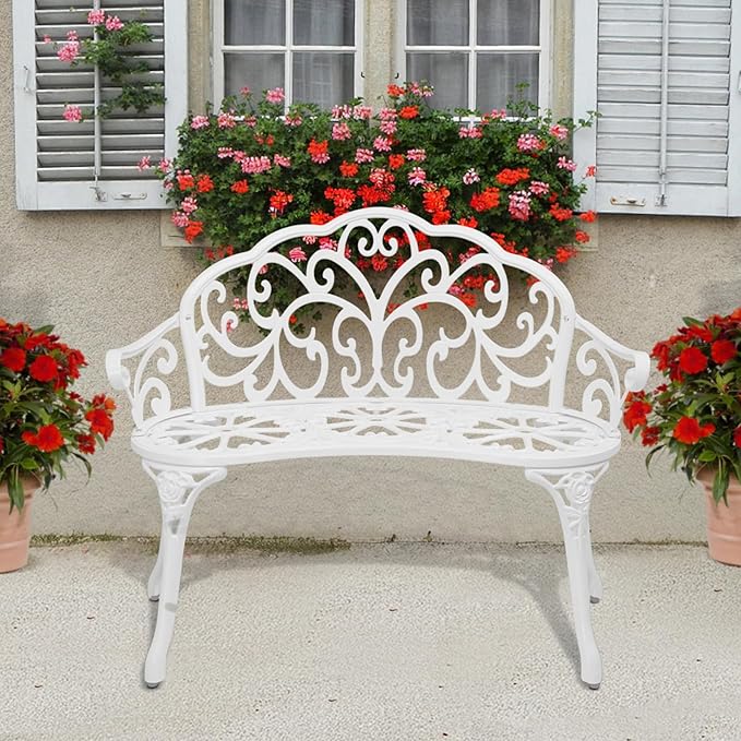 VINGLI 38.5" Patio Park Garden Outdoor Metal Rose Bench, 2-Person Cast Iron - Image 8