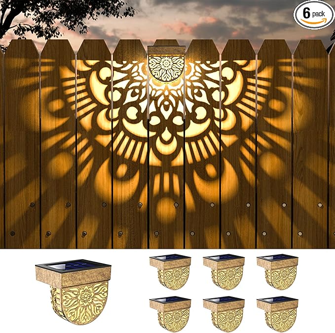 6 Pack Solar Fence Lights Outdoor Wall Lights Gold Plastic Solar Powered Deck by EKQ