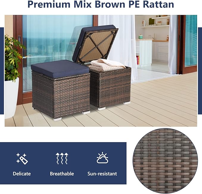 Tangkula 2 Pieces Patio Ottomans, Patiojoy Hand-Woven PE Rattan Side Table - Image 8