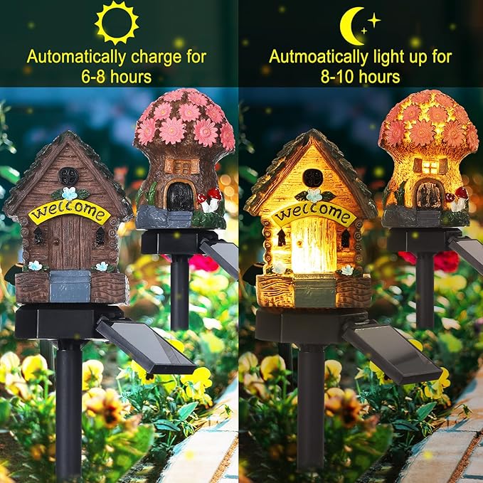 2 Pack Mushroom Fairy House Solar Light Spring Outdoor Garden Home Statue LED - Image 4