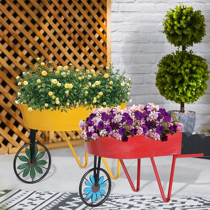 BAYN Metal Wheelbarrow Flower Cart Planter, 2 Packs Plant Stands - Image 2