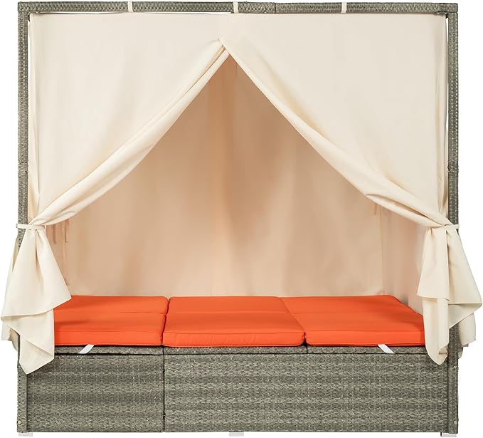 Patio Chaise Lounge, Four-sided Canopy, Overhead Curtain and Orange Cushion - Image 3