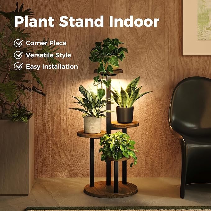 Bamworld Plant Stand with Grow Lights Indoor Plant Stand Tall Metal Wood Plant - Image 4