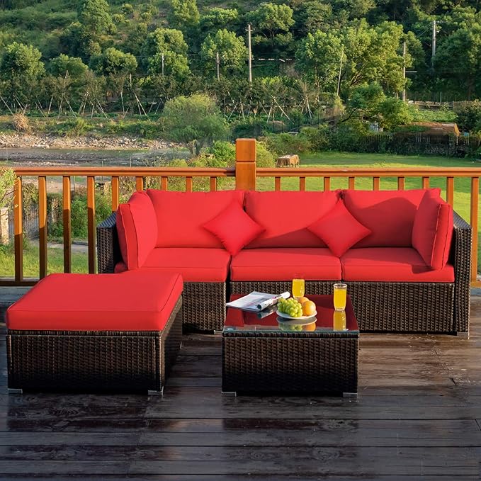 Tangkula 5 Pieces Patio Rattan Furniture Set, Outdoor Sectional Rattan Sofa Set - Image 2