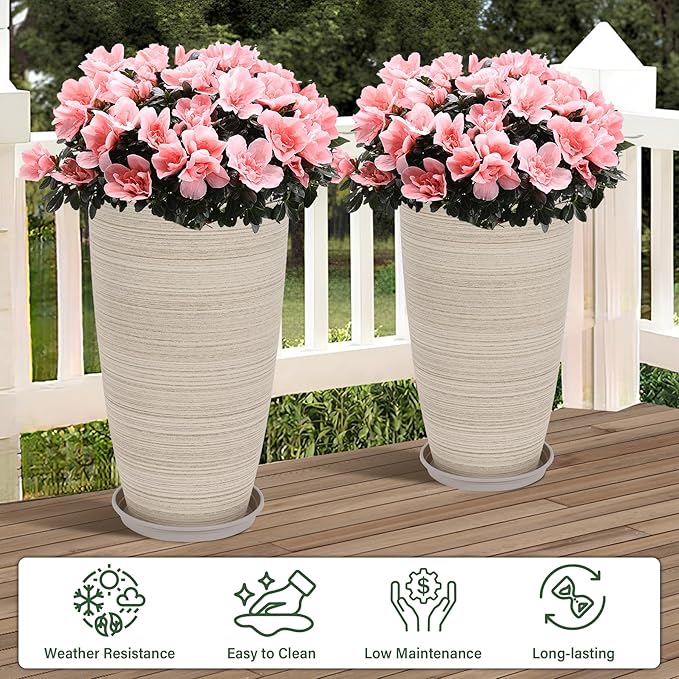 Set of 2 Tall Planter, 21 inch Large Plastic Planter - Image 2