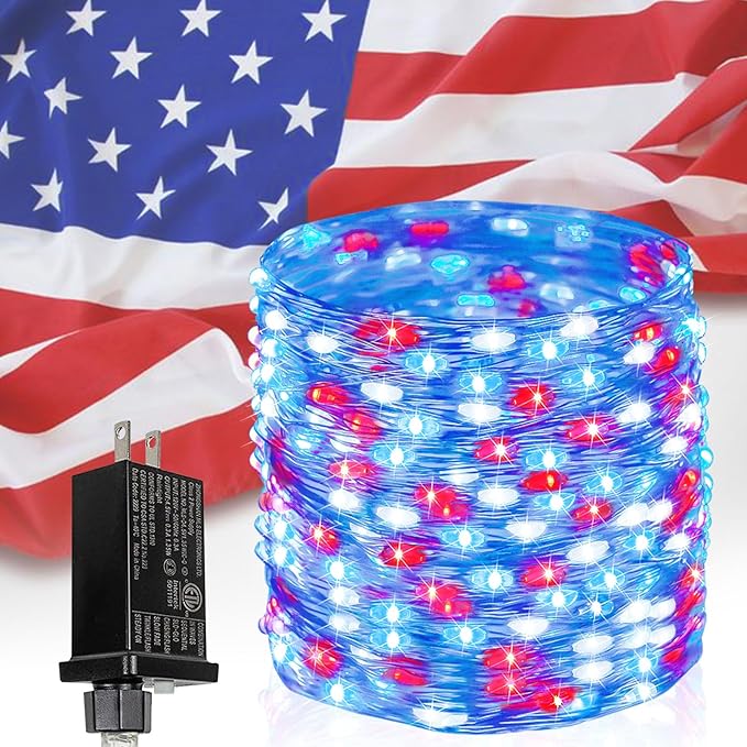 66Ft 200 LED Red White and Blue Fairy Lights Plug in, July 4th Waterproof by BHCLIGHT