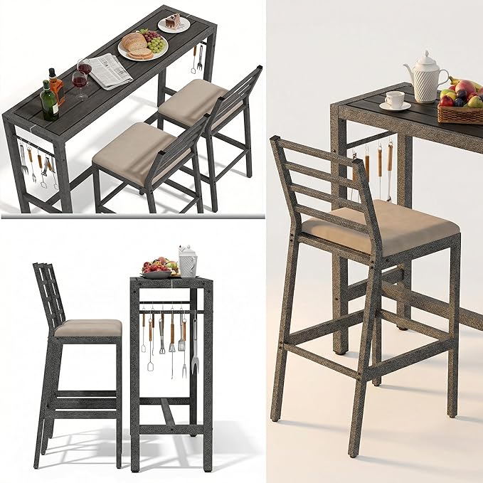 3Pcs Outdoor Patio Bar Set, Metal Pub Height Bistro Table Set - Image 6
