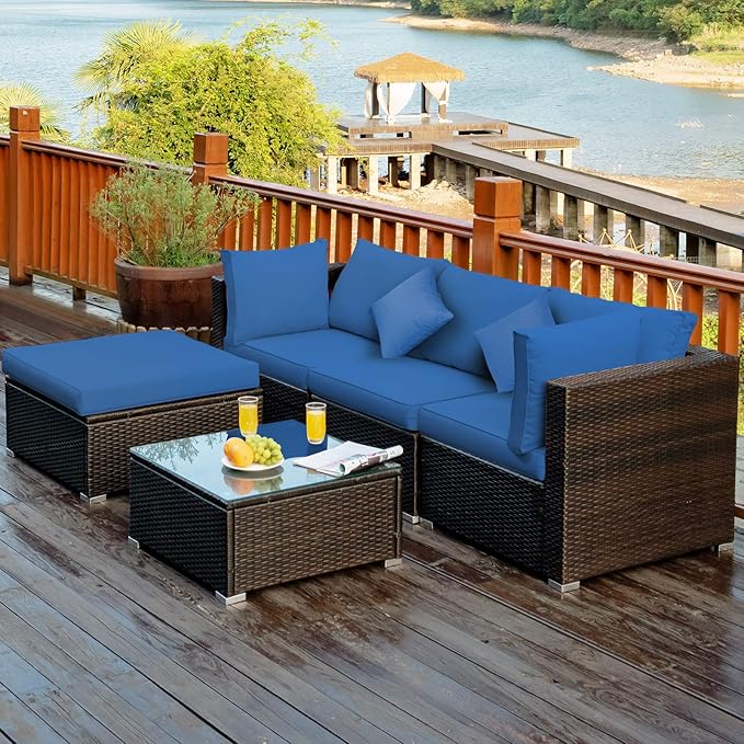 Tangkula 5 Pieces Patio Rattan Furniture Set, Outdoor Sectional Rattan Sofa Set - Image 3