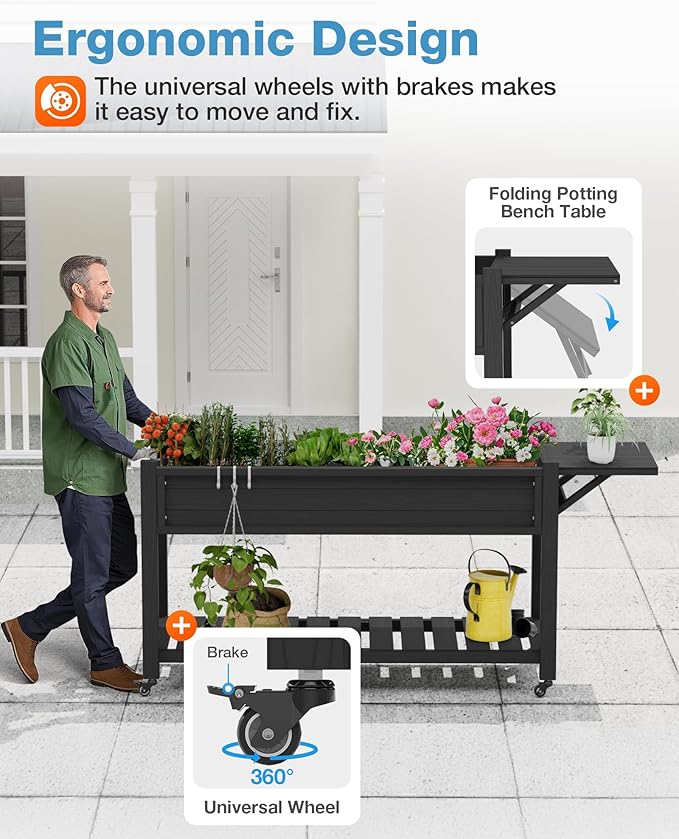 YEFU Raised Garden Bed with Legs: 57x18x30in Elevated Poly Planter with Wheels - Image 2