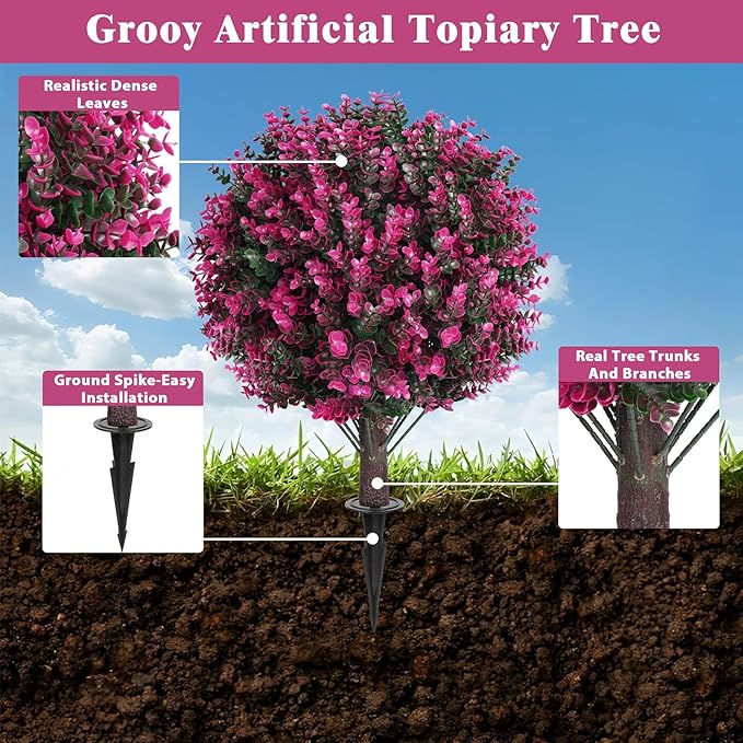 Artificial Topiary Tree with Pink Eucalyptus, Fake Evergreen Tree - Image 3