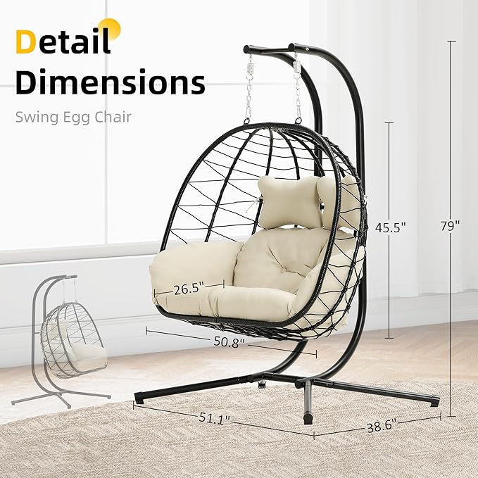 Double Egg Chair with Stand Hammock Swing Chair Foldable Hanging Loveseat - Image 5