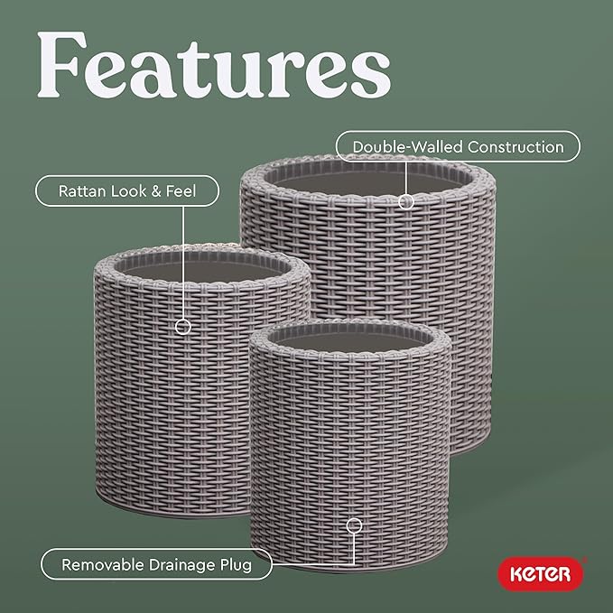 Keter Cylinder Set of 3 Rattan Resin Planter - Image 3