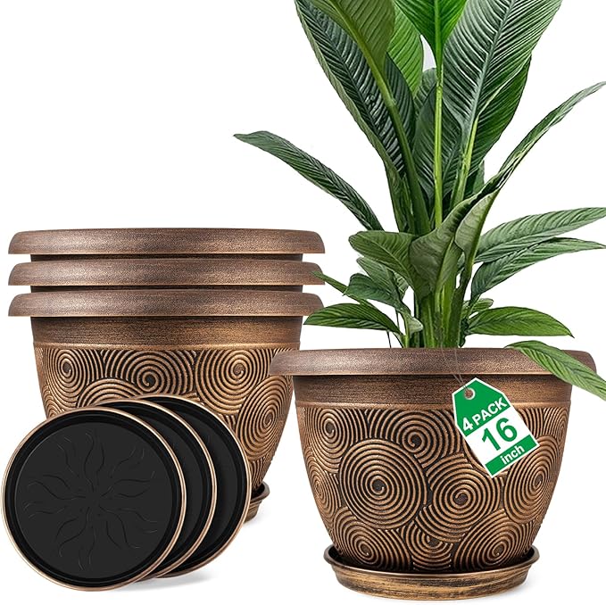 16 Inch Large Planter Pot for Plants Indoor Outdoor, 4 Pack Plastic Flower Pots by Fodetyff