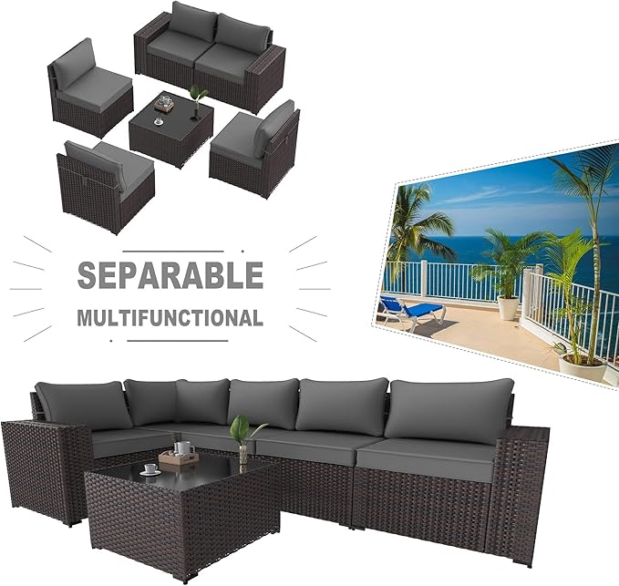 Kullavik 6PCS Outdoor Patio Furniture Set PE Wicker Rattan Sectional Sofa Patio - Image 7