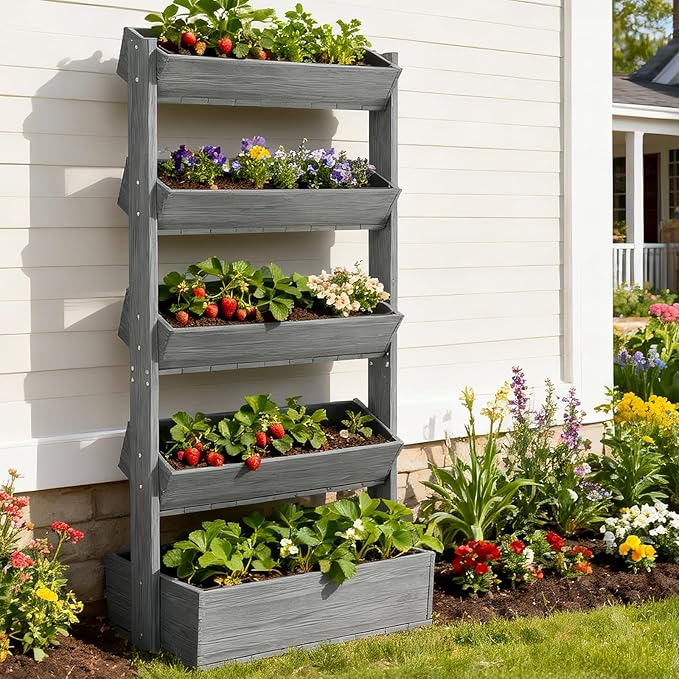 SUNYRISY 5 Tiers Vertical Raised Garden Bed Outdoor Planter Tower, Wooden - Image 7