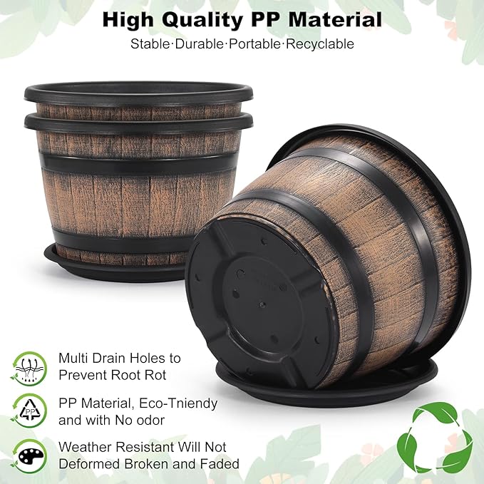 Quarut Large Plastic 4 Pack14 inch Plant Pots, Whiskey Barrel Planters - Image 3