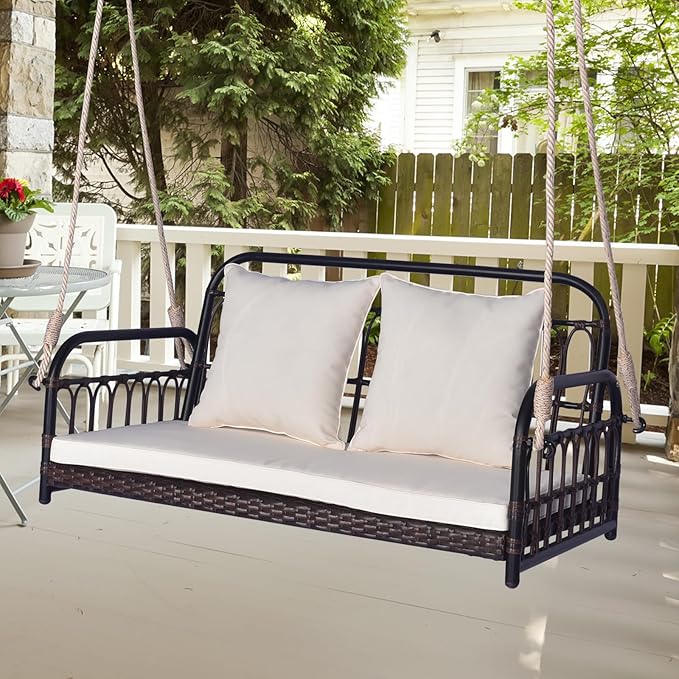 Tangkula Outdoor Wicker Porch Swing, 2-Person Hanging Seat - Image 2