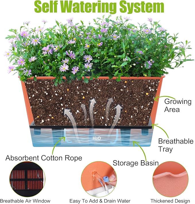 Window Box Planter 6 Pcs, 12.6 Inches Self Watering Rectangle Flower Plant Pots - Image 2