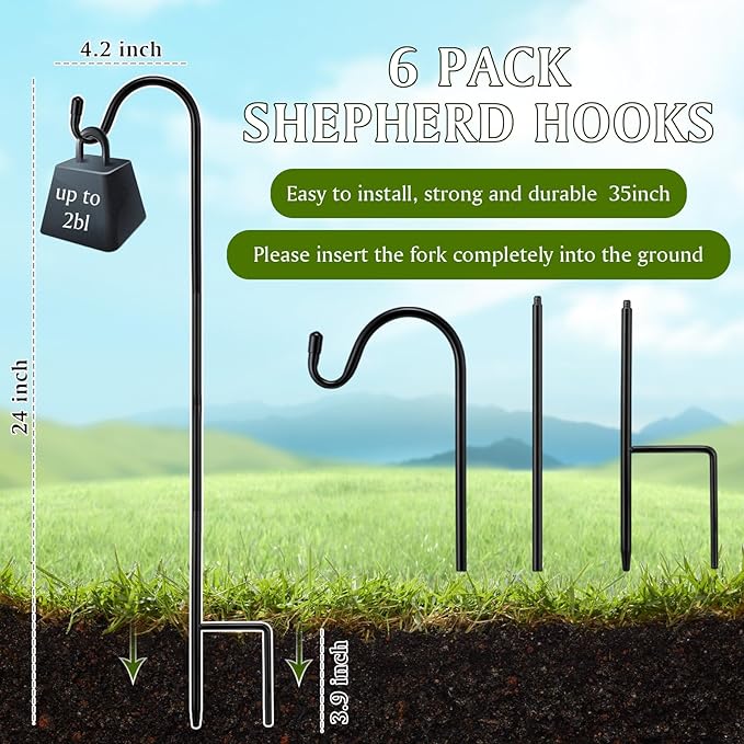 6 Pcs 24 Inch Shepherds Hook for Outdoor Adjustable Bird Feeder Pole Metal - Image 3