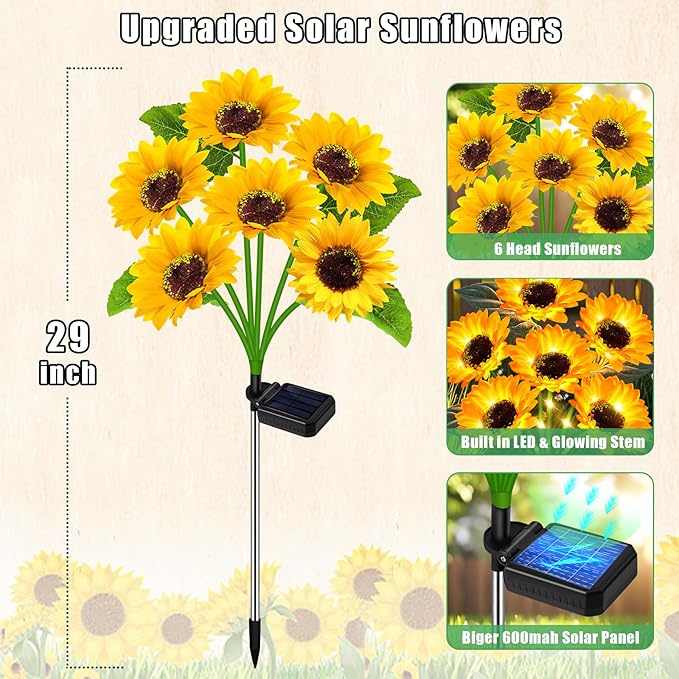 Solar Sunflower Lights Outdoor Flower Garden Stake Lights, 4 Pack 24 Sunflower - Image 4