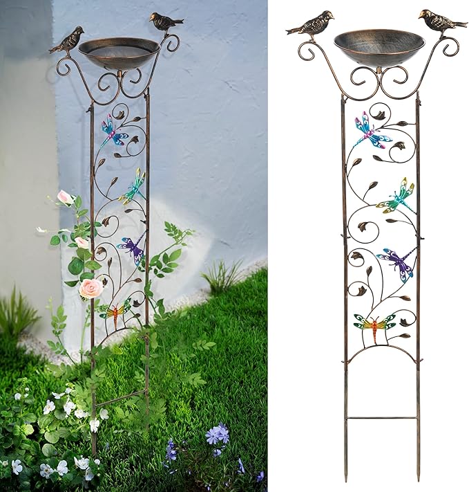 SUNNYPARK Bird Bath with Trellis Outdoor, Antique Garden Iron Plant Trellis by SUNNYPARK